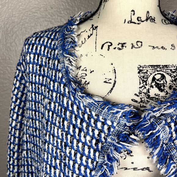 Kasper Sz L Open Cardigan Sweater Cabana Blue White Black Seed Stitch Fringe - Picture 3 of 12